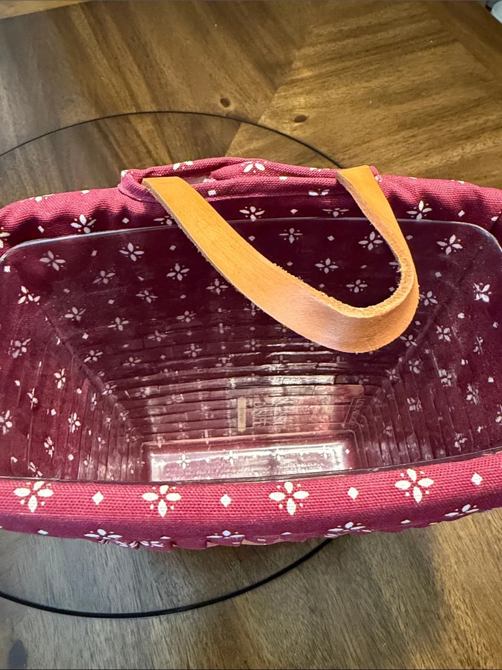 Longaberger Woven Basket with Burgundy Band and Tan Handle
